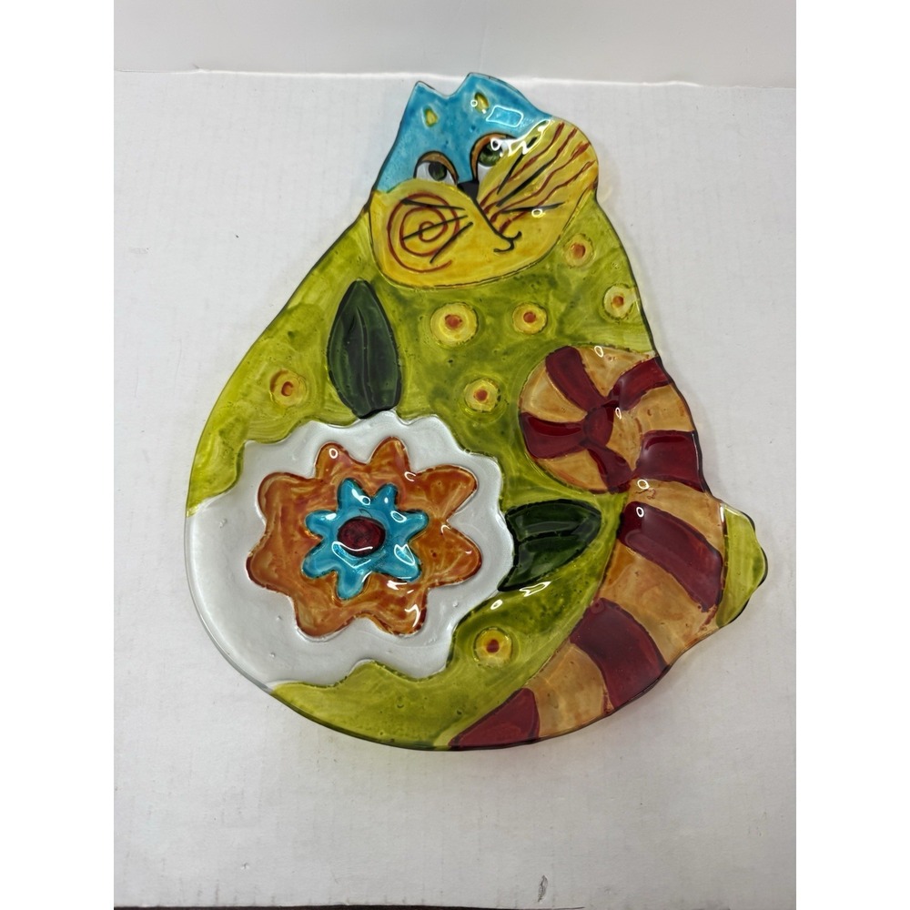 Cat's‎ Meow Abstract Cat Dish Studio Art Glass Joyce Shelton Painted 11" x 8.5"